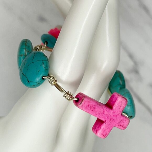 Silver Tone Faux Turquoise Beaded Pink Cross Small Wire Bangle Bracelet - Picture 8 of 10